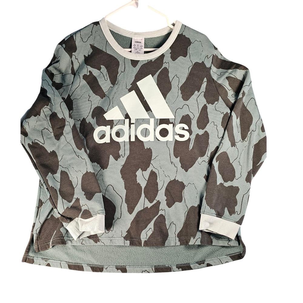Adidas‎ Womens XL Teal Brown Abstract Camo Logo Crewneck Sweatshirt GL6378